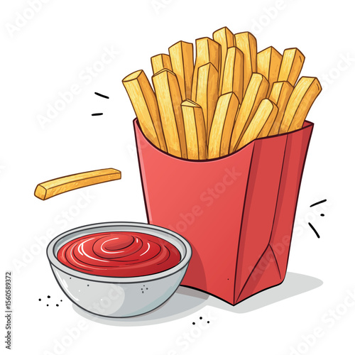 Delicious Golden French Fries Served with Ketchup Dip and Isolated Potato Stick