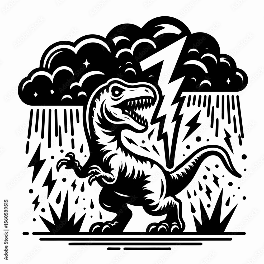Fototapeta premium Dinosaur Startled by Thunder in a Stormy Prehistoric Landscape