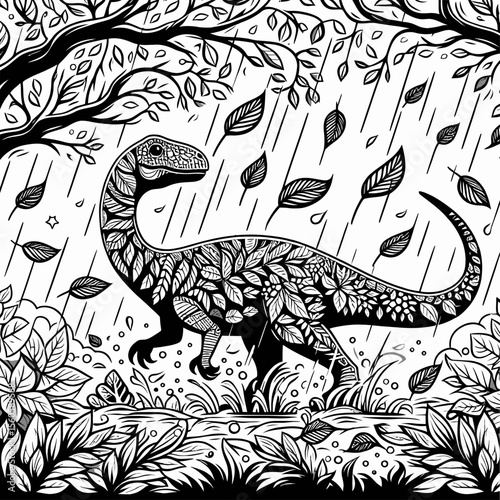 Dinosaur Standing Under Falling Leaves in Autumn Forest