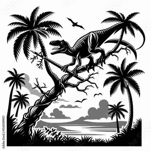 Dromaeosaurus Climbing a Tree in a Prehistoric Forest
