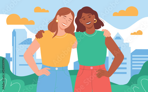 Happy Diverse Women Friends Embrace in City Park Vector Illustration