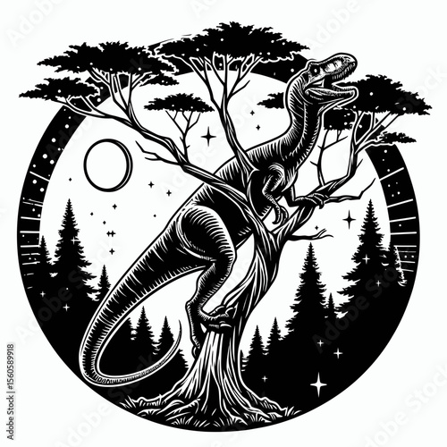Dromaeosaurus Climbing a Tree in a Prehistoric Forest