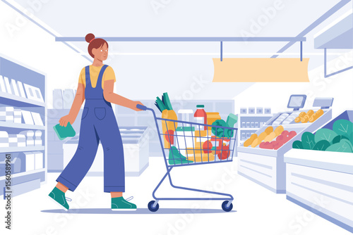 Healthy Grocery Shopping Woman with Cart Full of Fresh Produce and Groceries