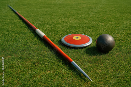 Athletic Throws: Javelin, discus, and shot put rest on verdant turf, symbols of strength, precision, and competition.