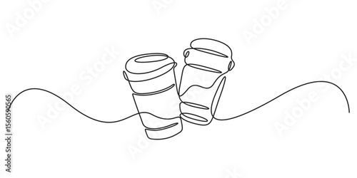 Continuous one line drawing of coffee paper mug vector illustration, Paper cup of hot coffee in one continuous line drawing. Concept of drink to go in line art style. Vector illustration