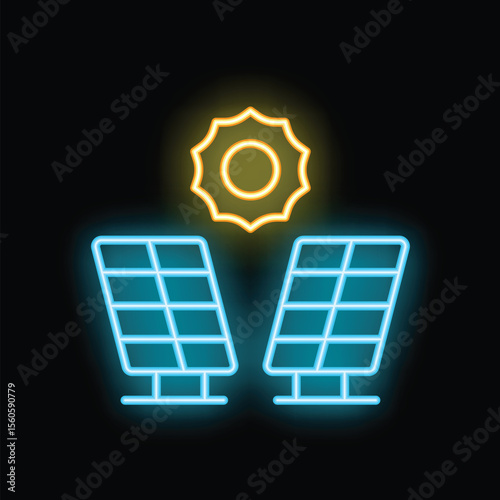 Neon sign illustrating solar panels converting sunlight into energy, symbolizing renewable energy and sustainability