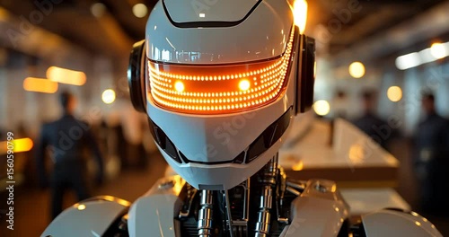 Close-up static shot: A white humanoid robot with glowing orange visor stands in a busy restaurant.