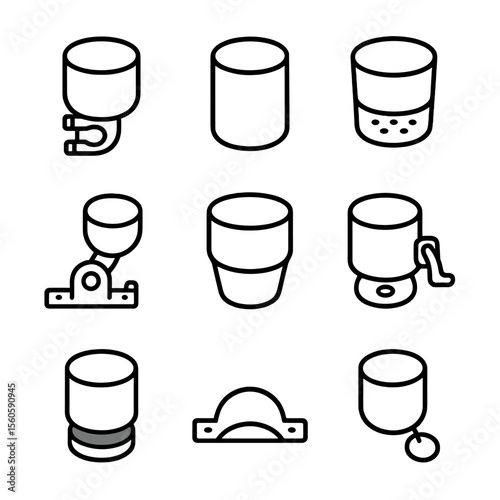 Marine Cup Mounts Icons. Outline icon set of boat and marine cup mounts: pontoon rail clamp, stainless steel holder, drainage