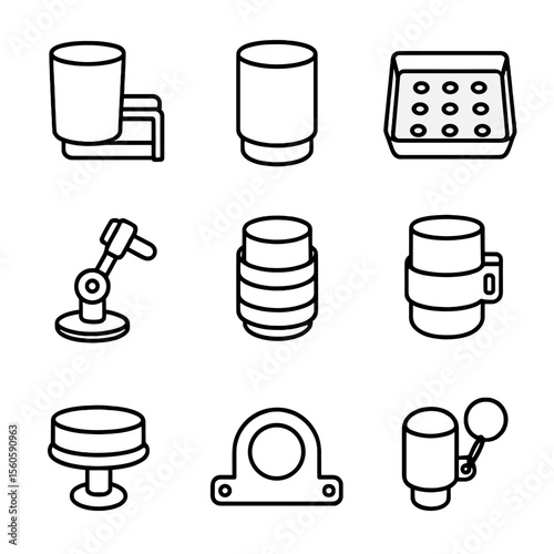 Marine Cup Mounts Icons. Outline icon set of boat and marine cup mounts: pontoon rail clamp, stainless steel holder, drainage
