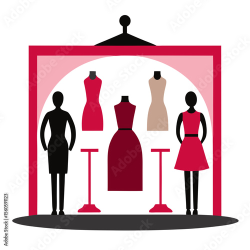 Fashion boutique display with mannequins and elegant dresses in a window