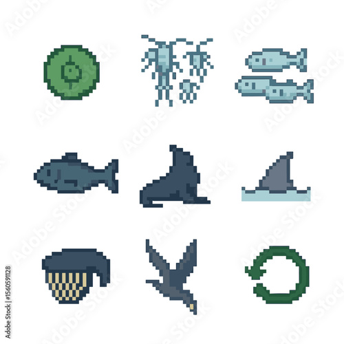Marine Food Chain Icons. Pixel art icon set of marine food chain: phytoplankton cell, zooplankton group, small fish school, larger