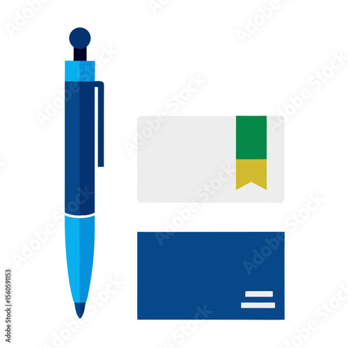 Free Download Blue pen and blank business cards with green and yellow bookmark on white background - GFXLoad