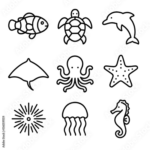 Marine Icon Grid. Outline icon set of marine biodiversity: clownfish, sea turtle, dolphin, manta ray, octopus, starfish, sea