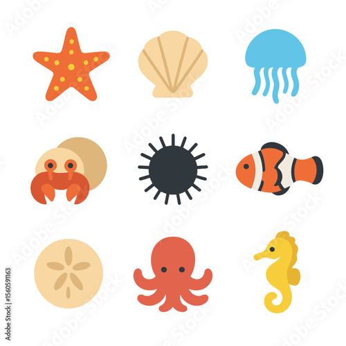Marine Icon Grid. Flat icon set of marine life encounters: starfish, seashell, jellyfish, hermit crab, sea urchin, clownfish, sand