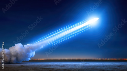 Rocket launches into night sky, leaving trail of smoke and bright light. scene captures power and excitement of space exploration against backdrop of stars