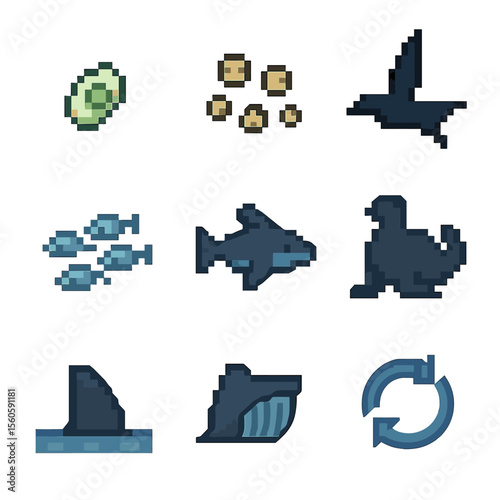 Marine Food Chain Icons. Pixel art icon set of marine food chain: phytoplankton cell, zooplankton group, small fish school, larger