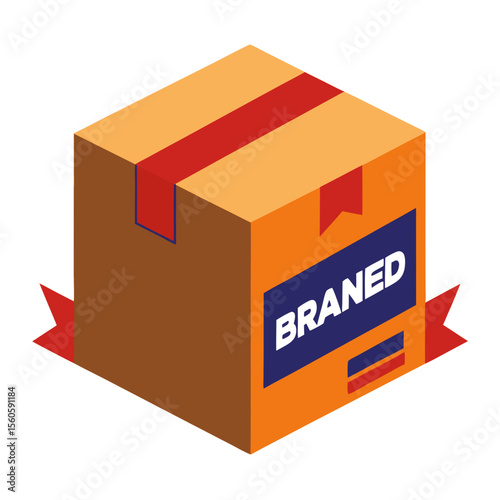 Isometric cardboard box with red ribbon and branded label for shipping