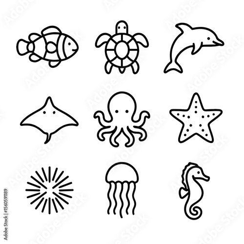 Marine Icon Grid. Outline icon set of marine biodiversity: clownfish, sea turtle, dolphin, manta ray, octopus, starfish, sea
