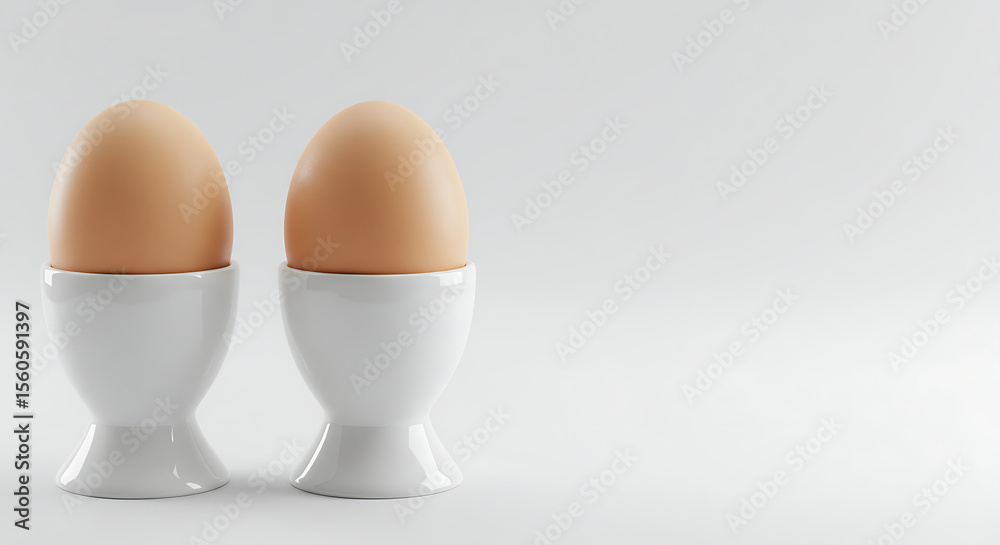 Two perfectly boiled eggs in pristine white egg cups sit side by side against a clean background, ready to be enjoyed. Two perfectly boiled eggs in pristine white egg cups sit side by side against a clean background, ready to be enjoyed.