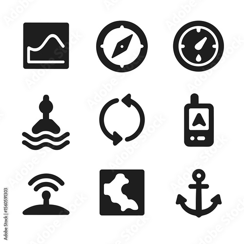 Marine Navigation Icons. Solid, filled icon set of marine navigation and tides: tide chart, compass, depth gauge, buoy, tidal