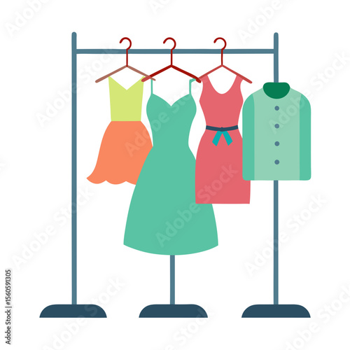 Collection of stylish dresses and a shirt displayed on a clothing rack