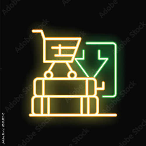 Neon icon of shopping cart downloading information from database, concept of e commerce and online shopping