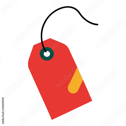 Simple red tag with yellow stripe and black string isolated on white background