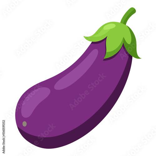 Bright purple eggplant with green stem and leaves isolated on white background