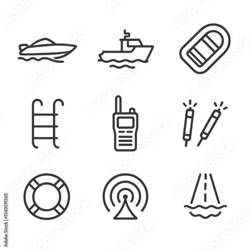 Maritime Icon Grid. Outline icon set of maritime pursuits: speed boat, patrol launch, inflatable raft, boarding ladder, marine