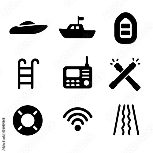 Maritime Icon Grid. Solid, Filled icon set of maritime pursuits: speed boat, patrol launch, inflatable raft, boarding ladder,