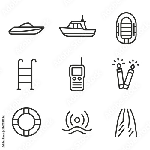 Maritime Icon Grid. Outline icon set of maritime pursuits: speed boat, patrol launch, inflatable raft, boarding ladder, marine