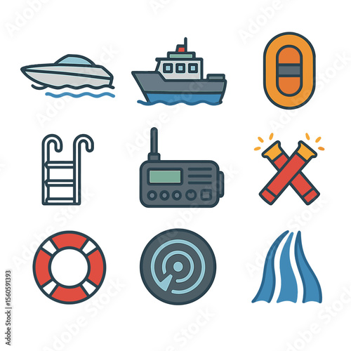 Maritime Pursuits Icons. Flat icon set of maritime pursuits: speed boat, patrol launch, inflatable raft, boarding ladder, marine