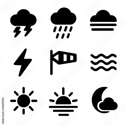 Maritime Weather Icons. Solid, filled icon set of maritime weather conditions: storm clouds, rain, fog, thunderbolt, strong winds,