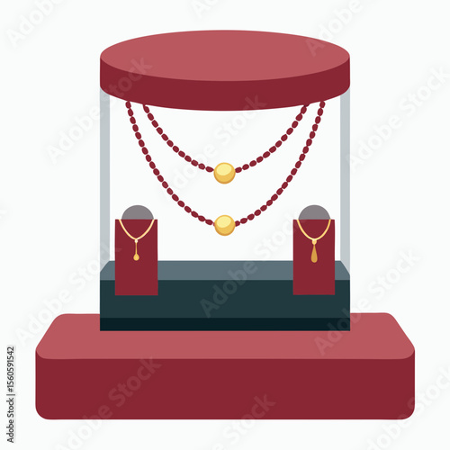 Elegant jewelry display case featuring necklaces and pendants on velvet stands