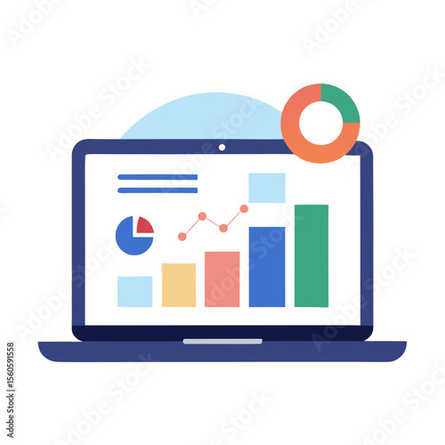 Laptop displaying colorful financial charts and graphs with data analysis