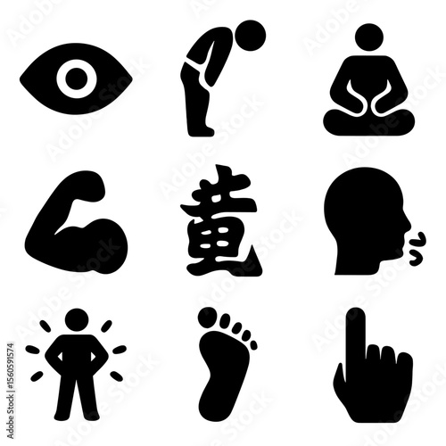 Martial Arts Icon Grid. Solid, filled icon set of martial discipline values: focus eye, respectful bow, inner peace, strong will,