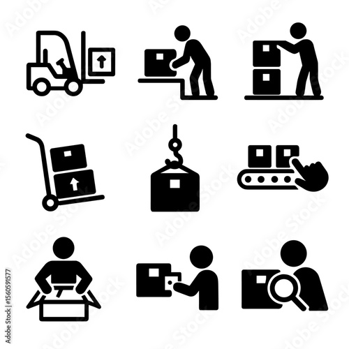 Material Handling Icons. Solid, filled icon set of material handling processes: loading, unloading, stacking, transporting,