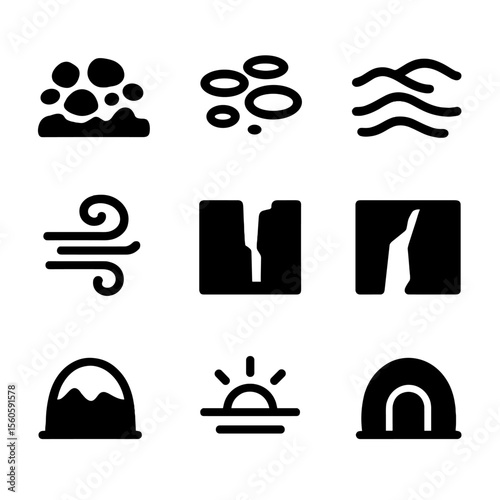 Martian Terrain Icons. Solid, filled icon set of Mars terrain features: rocky surface, craters, sand dunes, canyons, dust storm,