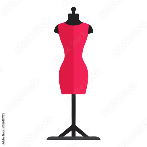 Stylish red dress displayed on a black mannequin on a white background