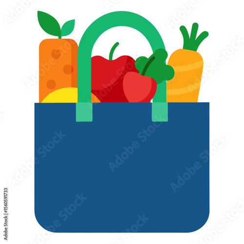 Flat design illustration of a blue shopping bag filled with fresh fruits and vegetables