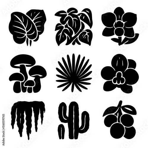 Maximalist Botanical Icons. Solid, filled icon set of maximalist botanical illustration: giant leaves, layered vines, tropical