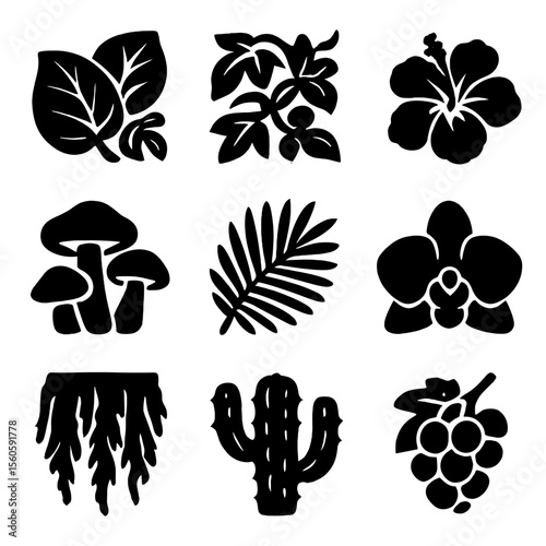 Maximalist Botanical Icons. Solid, filled icon set of maximalist botanical illustration: giant leaves, layered vines, tropical