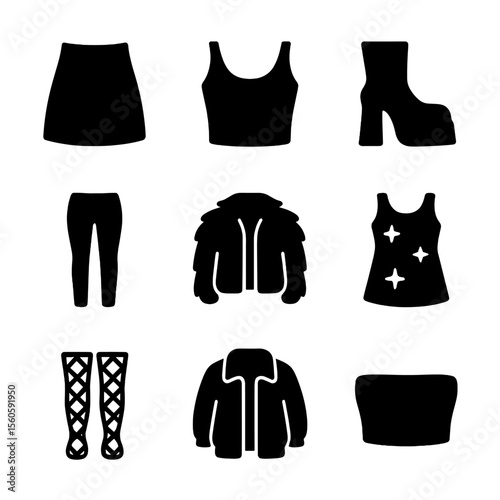 McBling Party Icons. Solid, filled icon set of McBling party outfits: mini skirt, crop top, platform boots, metallic leggings, fur