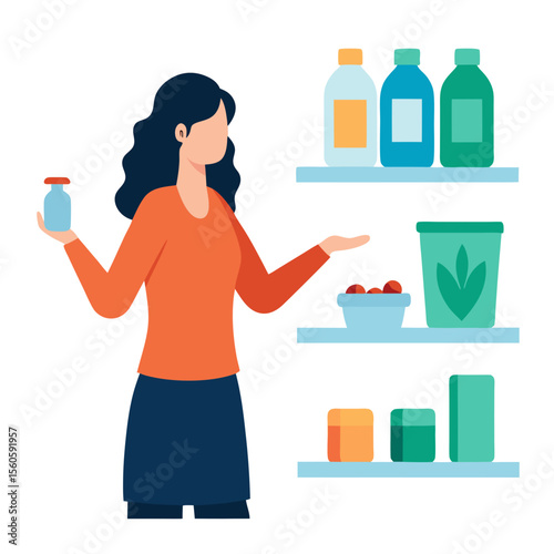Woman holding bottle and gesturing towards shelves with various products and containers
