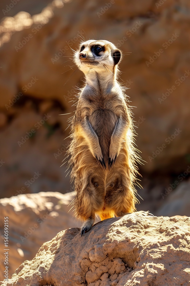 Fototapeta premium A curious meerkat stands alert on a rock, surveying its surroundings under a bright sun.