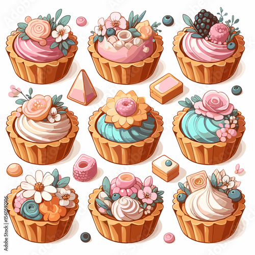 Colorful assortment of decorated cupcakes and sweets in a whimsical style