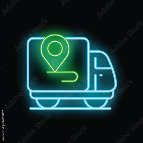 Neon sign of delivery truck with location pin on a map, concept of fast delivery service