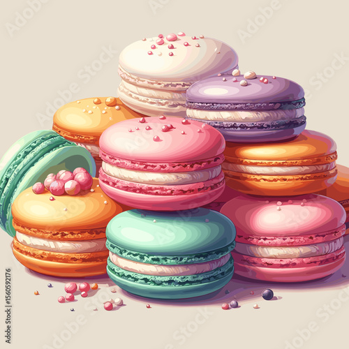 Colorful stack of macarons with decorative toppings in a playful style