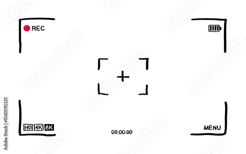 Hand drawn Video screen with rec, viewfinder. Doodle video camera viewfinder frame. Camera recording screen drawing. vector illustration. Display with focus, time, battery for videography.