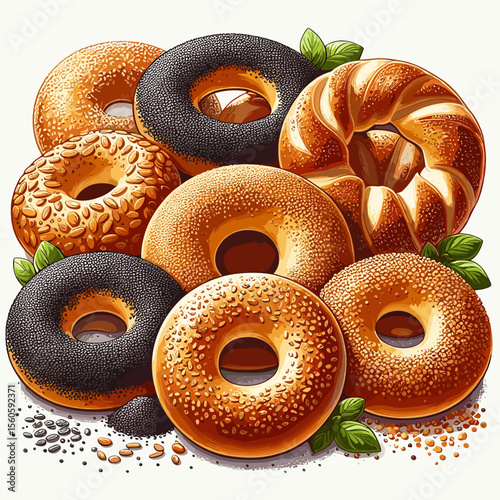 Variety of freshly baked bagels with toppings displayed in a colorful arrangement